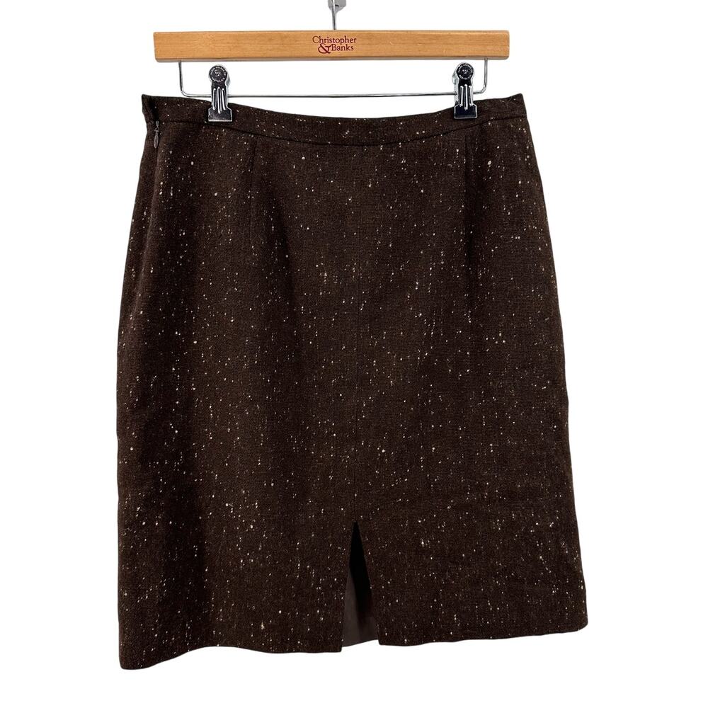 Jones New York Dotted Brown Pure Wool Mini Pencil Skirt Womens Size 14 Back Slit